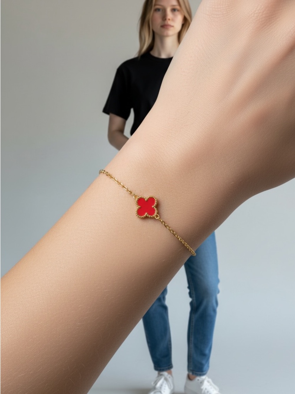 10/4 Gold Chain Bracelet with Red Clover Charm